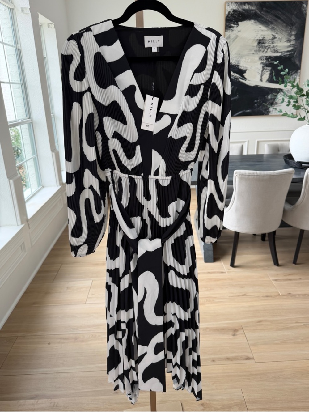 Milly Liora Ink Swirl Pleated Midi Dress Black White Size 2 NWT